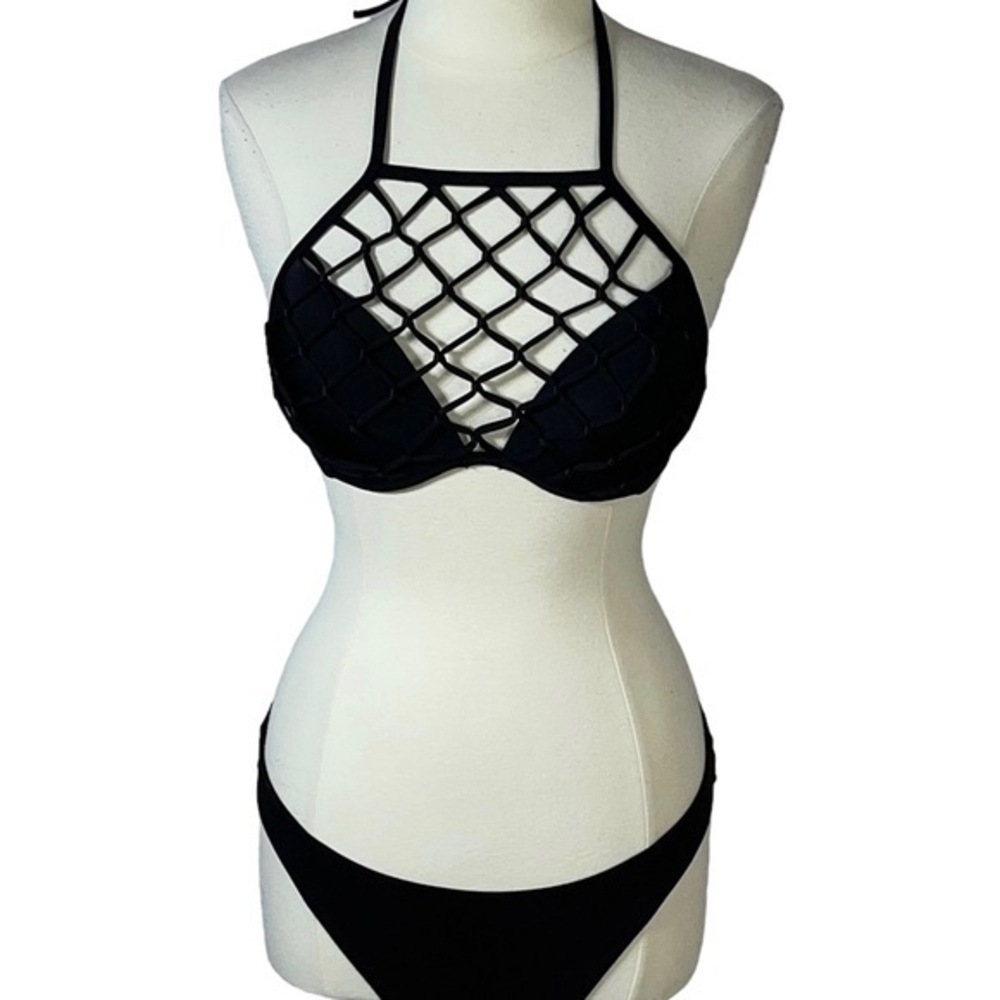 Shade & Shore Black Fishnet Macrame High Neck Strappy Bikini Swimwear